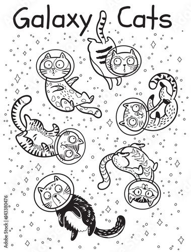 Plakat Wektor zarys wydruku z kotami w przestrzeni. Kolorowanka książki