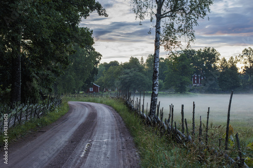 Sweden, Smaland, Stensjo, Empty dirt road with foggy field at dawn photo