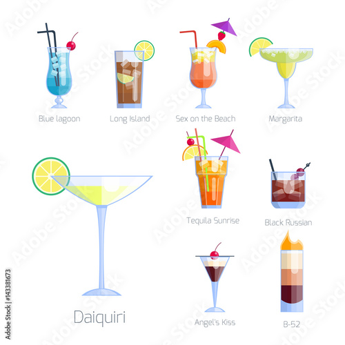 Set of alcoholic cocktails isolated fruit cold drinks tropical cosmopolitan freshness collection and party alcohol sweet tequila vector illustration.