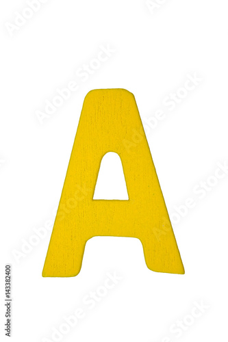 Yellow wooden letter A isolated on white background with clipping path.