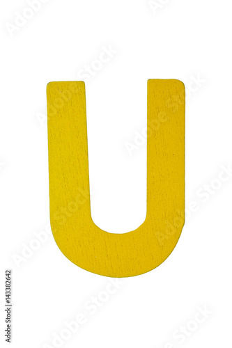 Yellow wooden text U isolated on white background with clipping path.