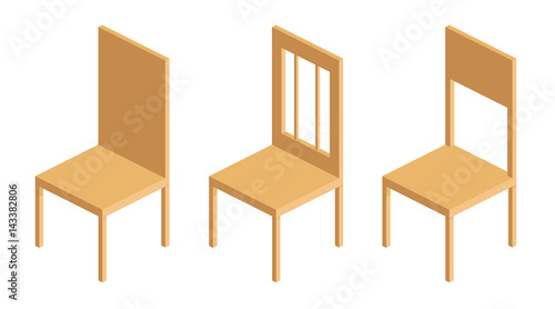 set of wooden chairs with backrest in isometric vector illustration isolated elements on white background flat Chairs by four legs and have a back