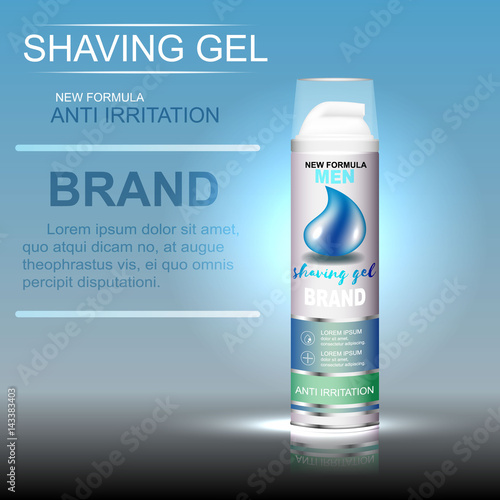 Pattern cosmetic packaging shaving gel logo on a blue background.