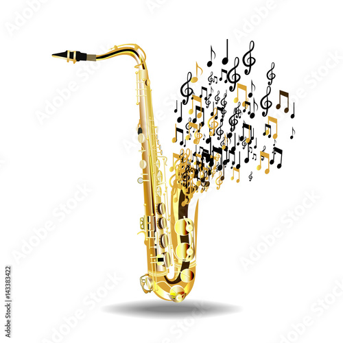 The saxophone breaks into notes, isolated on a white background.