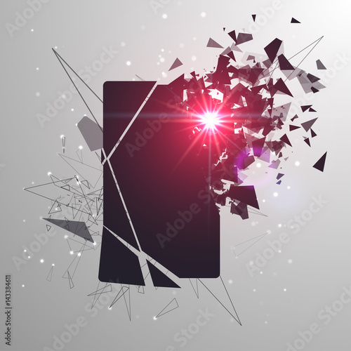Cracked phone screen shatters into pieces. Broken smartphone split by the explosion. Display of the phone shattered. Modern gadget needs to be repaired.