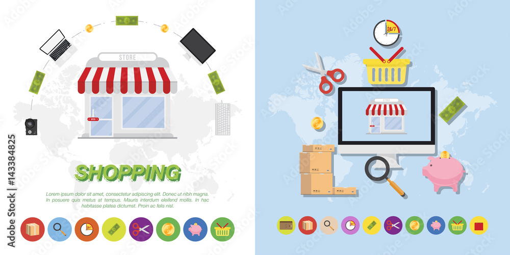 Set of elements on the subject of buying and selling. Market and icons Flat vector illustrations on the theme of shopping. Set of elements on the subject of buying and selling. Market and icons Flat vector illustrations on the theme of shopping.