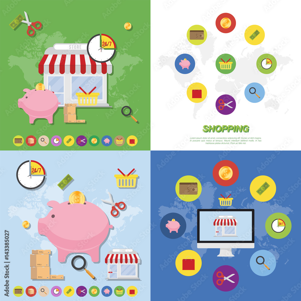 Set of elements on the subject of buying and selling. Market and icons Flat vector illustrations on the theme of shopping. Set of elements on the subject of buying and selling. Market and icons Flat vector illustrations on the theme of shopping.
