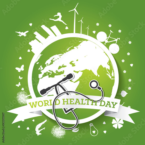 World Health Day Concept with Doctor Stethoscope and Green Earth. Vector Illustration.
