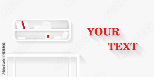White bookshelf, table and photo frame . Books collection with one red book. Realistic vector. Furniture banners design