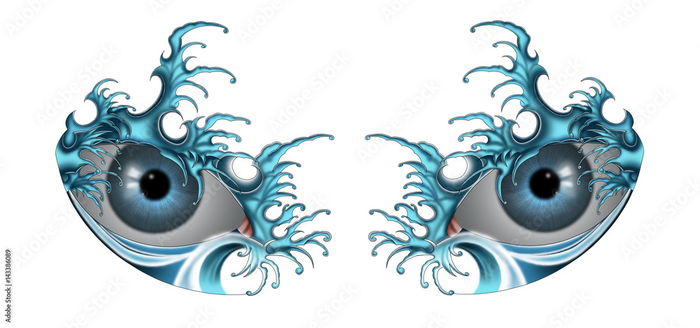 Water blue - eyes covered by blue japanese waves style tattoo design Stock Illustration