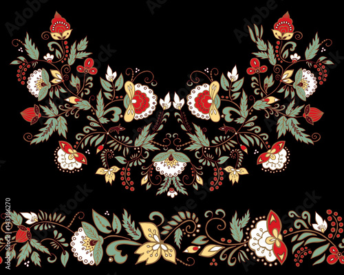 stock vector flowers and leaf ornament. oriental or russian pattern.necklace embroidery design