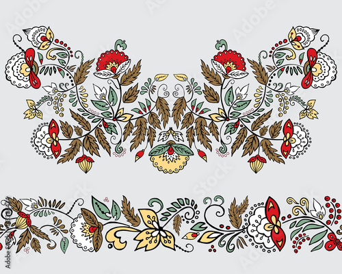 stock vector flowers and leaf ornament. oriental or russian pattern.necklace embroidery design