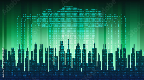 Binary rain in digital abstract city, the flow of data with the cloud, high-tech background