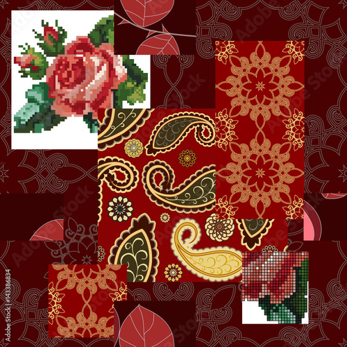 abstract seamless patchwork tile with floral ornament.arabic or orient pattern. vintage style