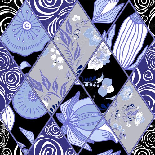 abstract seamless patchwork tile with floral ornament.arabic or orient pattern. vintage style