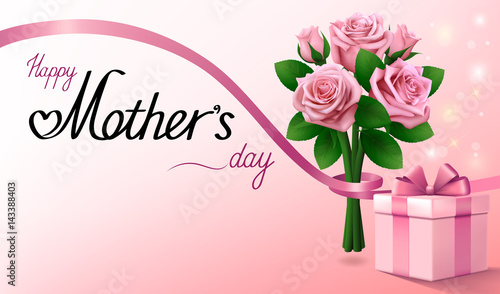 Happy Mothers Day. Gift box and bouquet of pink roses with ribbon. Light pink greeting background.