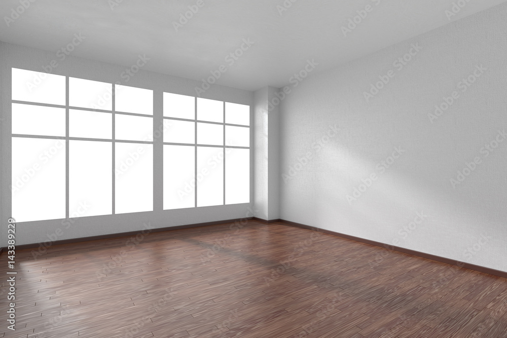 Empty room with parquet floor, white textured walls and window Empty room with parquet floor, white textured walls and window