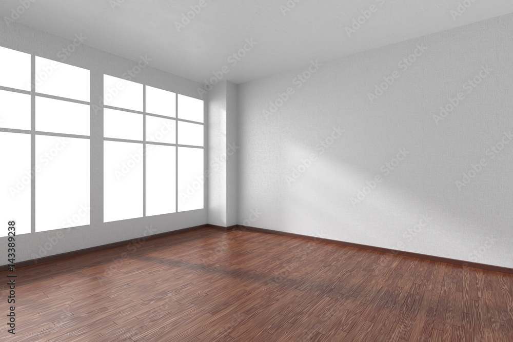 Empty room with dark wooden parquet floor, textured white walls and window Empty room with dark wooden parquet floor, textured white walls and window