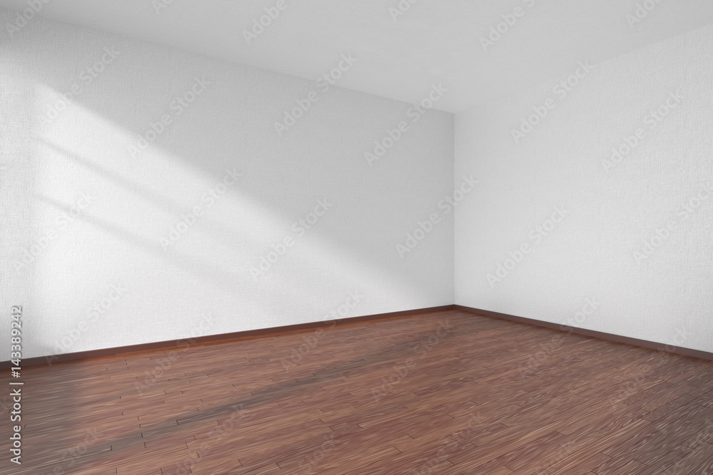 Empty room with dark parquet floor and textured white walls Empty room with dark parquet floor and textured white walls