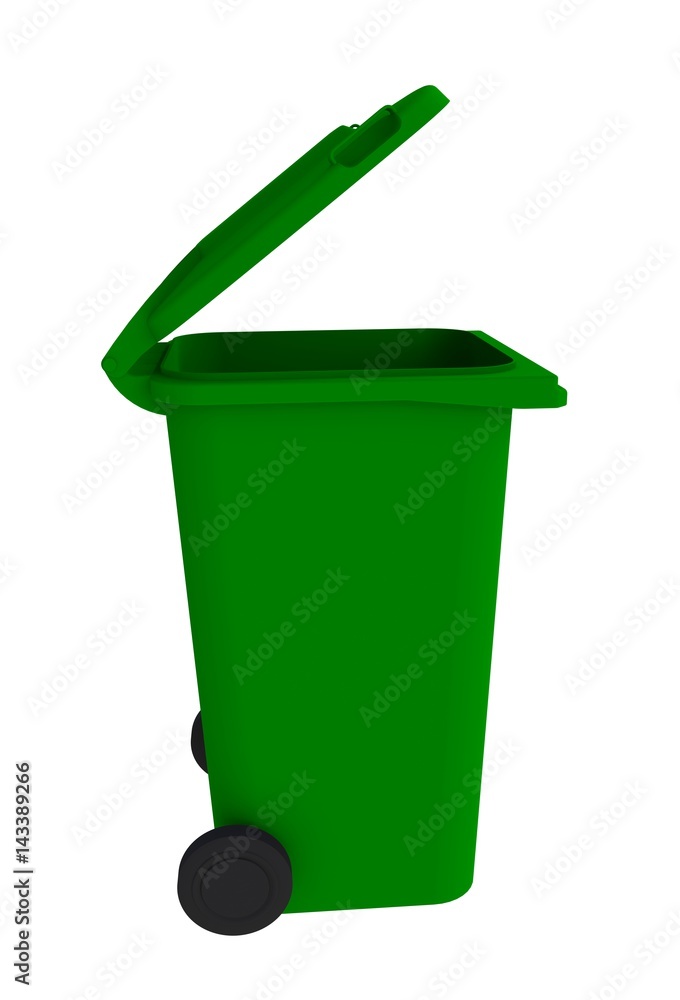 Beside view of green garbage wheelie bin with a open lid on a white background, 3D rendering Beside view of green garbage wheelie bin with a open lid on a white background, 3D rendering