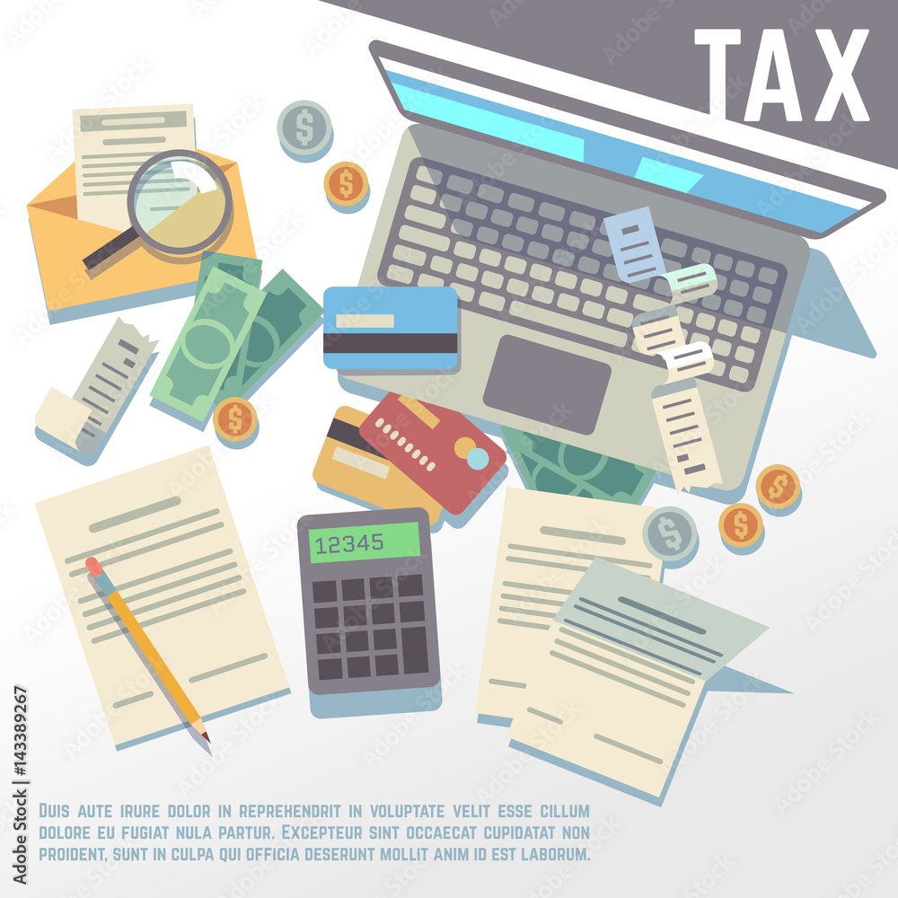 Tax calculation, financial report, accounting taxation consultation, payment of debt vector background Tax calculation, financial report, accounting taxation consultation, payment of debt vector background