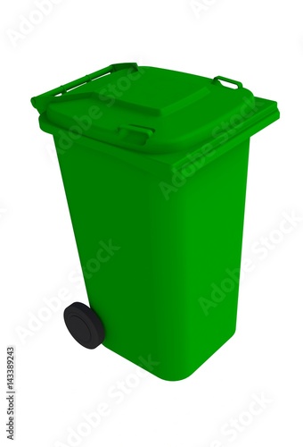 Isometric view of green garbage wheelie bin with a closed lid on a white background, 3D rendering