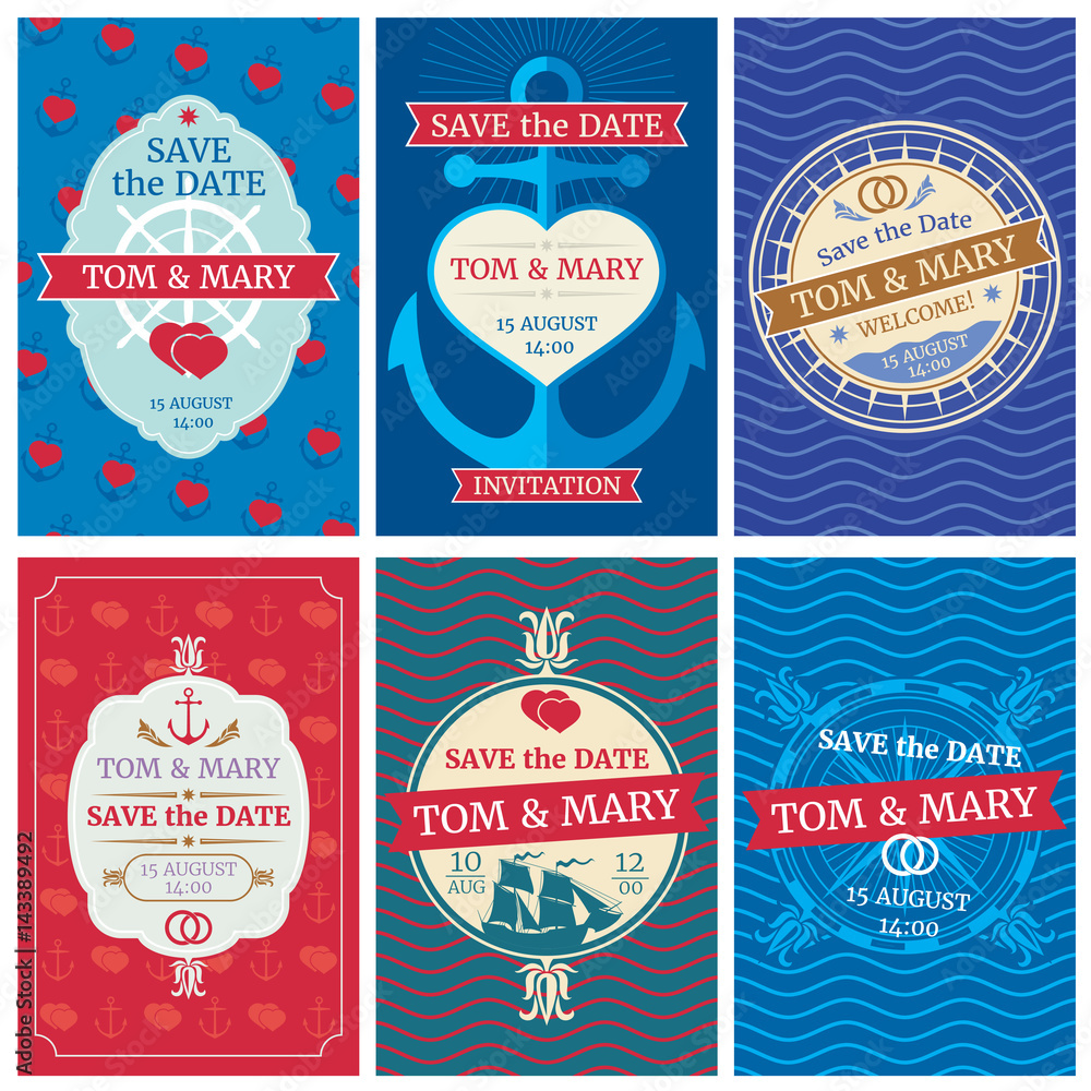 Obraz premium Wedding invitation vector cards with nautical design. Anchors and waves, hearts and ships