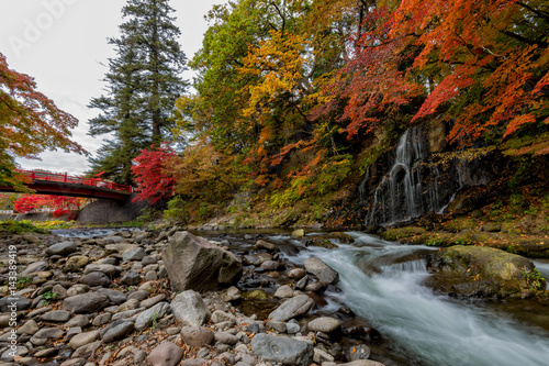 Fudo stream in autumn season at Nakano momiji mountain, Kuroishi, Aomori, Japan. photo