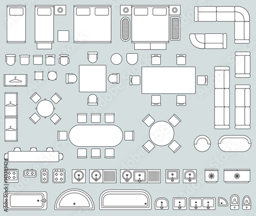 Top view interior with line furniture icons vector set
