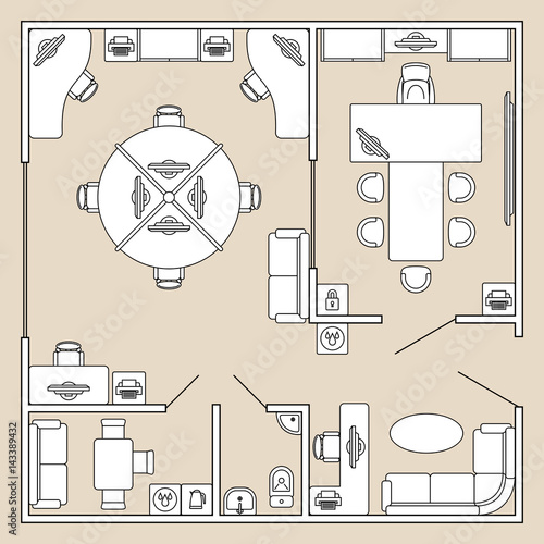 Office interior, top view architecture plan vector illustration
