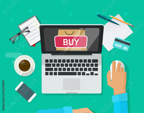 Online shopping concept vector illustration, flat style laptop computer and customer person buying from ecommerce internet store via credit card, idea of e-commerce infographic, online payment