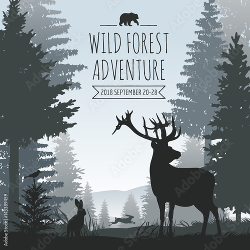 Wildlife foggy coniferous forest vector background with pines trees and animals silhouettes