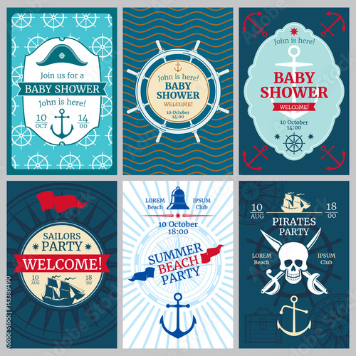 Nautical baby shower, birthday, beach party vector invitation cards