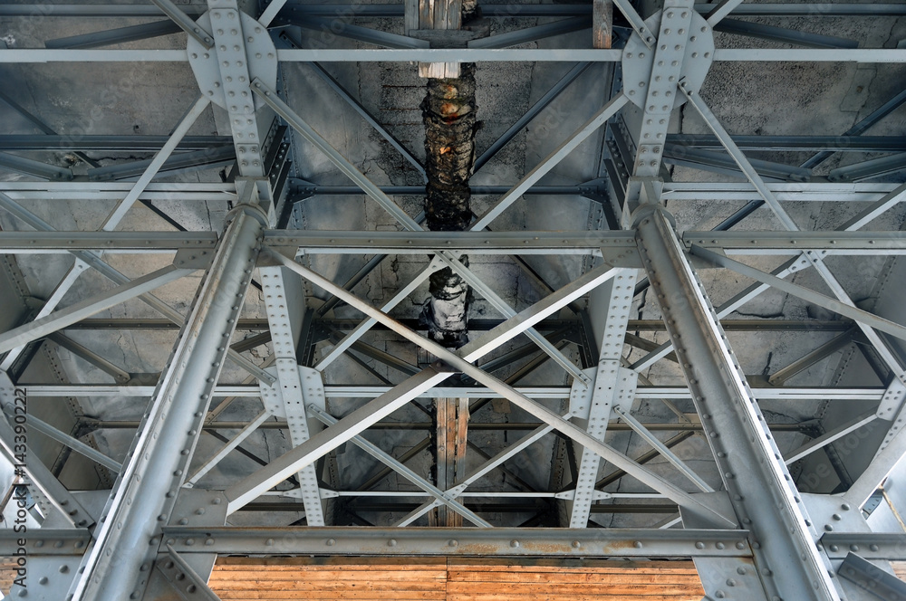 Old metal structure of columns and beams. Look up at the bridge construction.