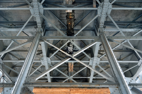 Old metal structure of columns and beams. Look up at the bridge construction.