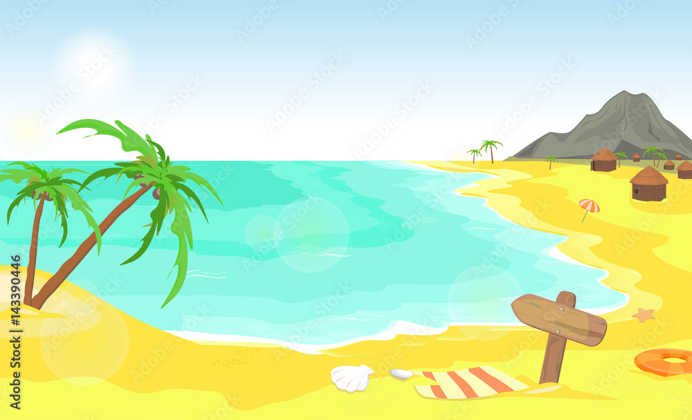 Tropical beach vector illustration. Summer seascape.
