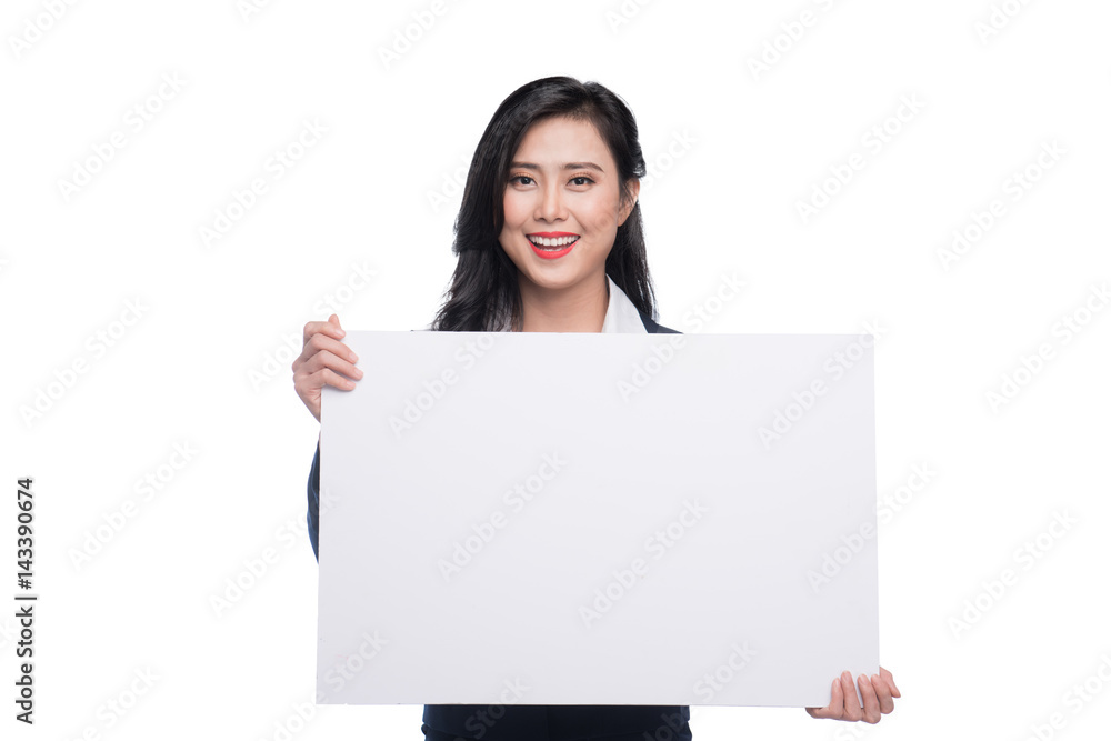 Young asian business woman showing a white board isolated on white background. Young asian business woman showing a white board isolated on white background.