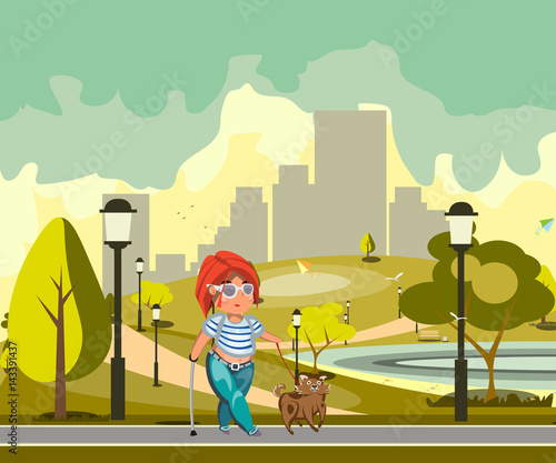 Blind woman walking with dog.