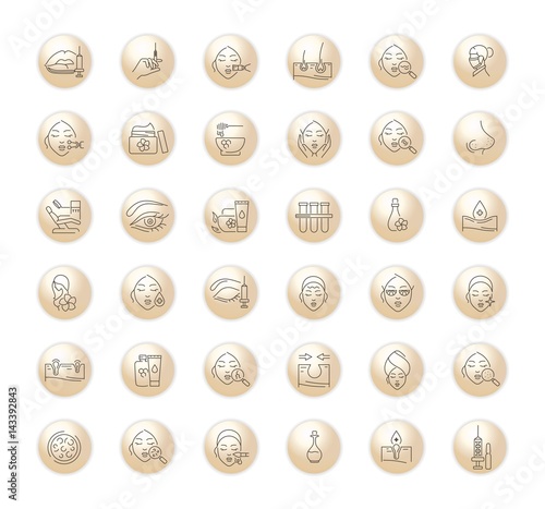 Vector graphic set.Icons in flat, contour,thin and linear design.Cosmetology Clinic. Services, procedures, treatments.Simple isolated icons.Concept illustration for Web site app.Sign,symbol,element.