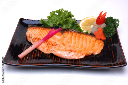 Grilled Salmon or Salmon shio yaki isolated on white background (clipping path)