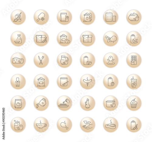 Vector graphic set. Icons in flat, contour, thin, minimal and linear design.Soy products. natural vegetable food..Simple isolated icons.Concept illustration for Web site.Sign, symbol.