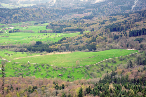 Panorama mountain landscape with pine forest and field. View from Mount Hohenzollern, Baden-Wurttemberg, Germany.