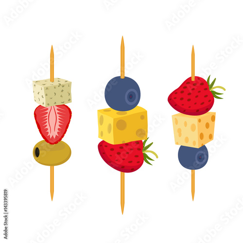 Fruit, berries canapes. Snack, appetizer for restaurants, buffet. Flat style.