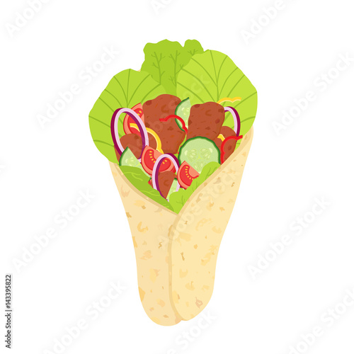 Turkish shawarma, arabic fried meat and vegetables. Cartoon flat style.