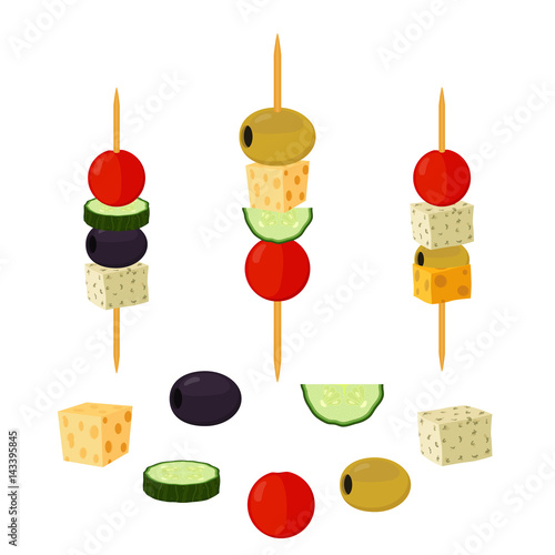 Canapes, tapas in flat style. Buffet, restaurant food, appetizer, snack.