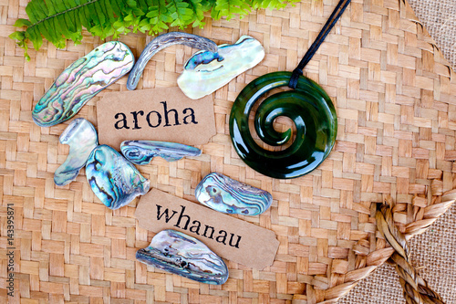 NZ - Kiwi - Maori theme - backgrounds and objects - maori words for love and respect (aroha) and family (whanau)

