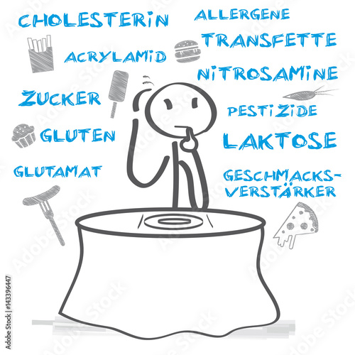 ungesunde Ernärung. Strichmännchen überlegt, was es noch essen kann