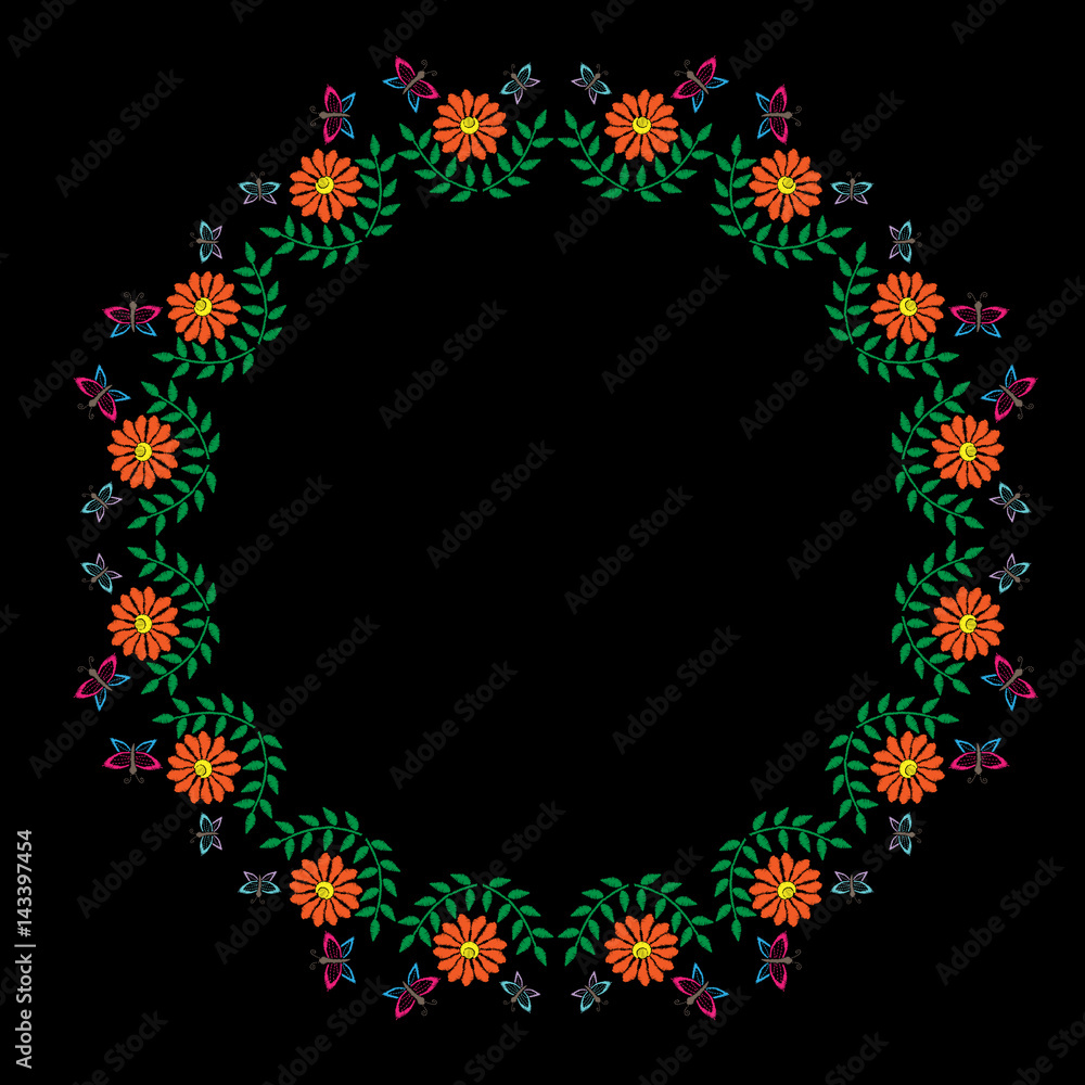 Embroidery stitches imitation round frame with orange flower and butterfly