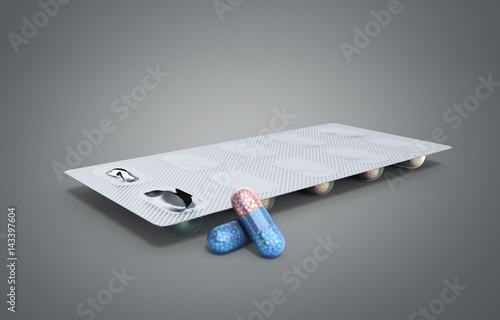 Abuse of anabolic steroids for sports Blister pack of steroids capsules 3d render on grey photo