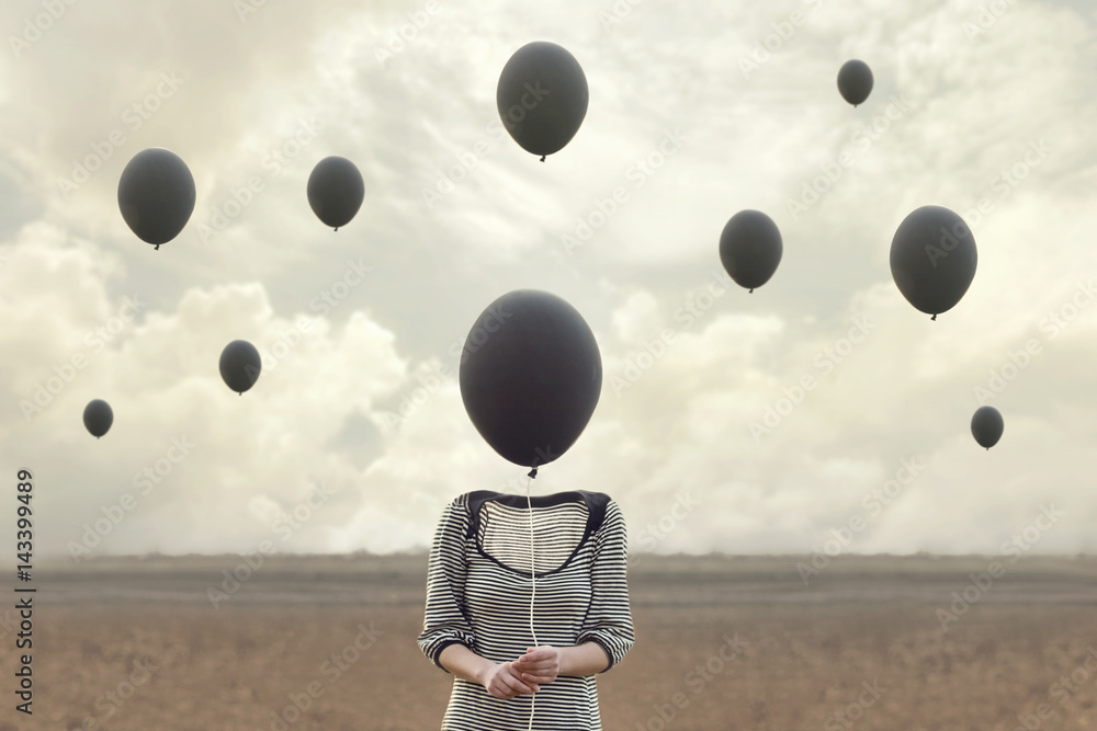 surreal image of woman and blacks balloons flying - obrazy, fototapety, plakaty 